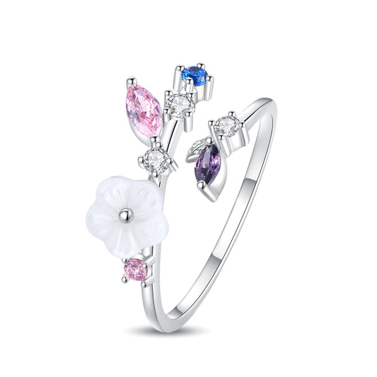 Everbloom — crystal floral ring with mother of pearl, 18K gold & rhodium plated brass