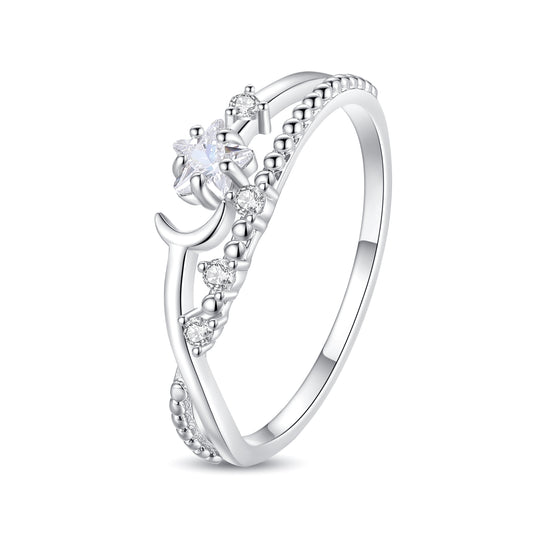 Lunar Reverie — moon & star CZ ring, gold & rhodium plated brass