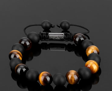 Protection Bracelet, Natural Yellow Tigers Eye Black Onyx 10mm Beads Bracelet for Men, Crystal Jewelry Stone Bracelets Christmas Gifts for Bring Luck Prosperity Protection