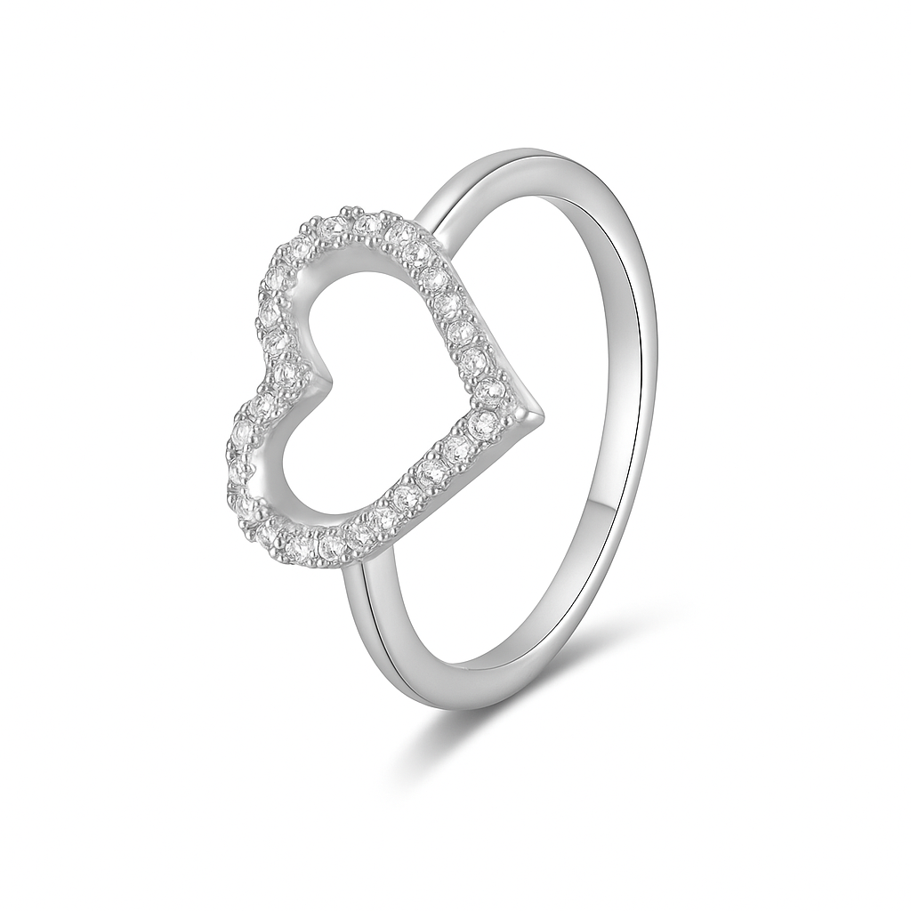 Devoción sin límites: anillo de corazón abierto con circonitas, latón bañado en oro y rodio