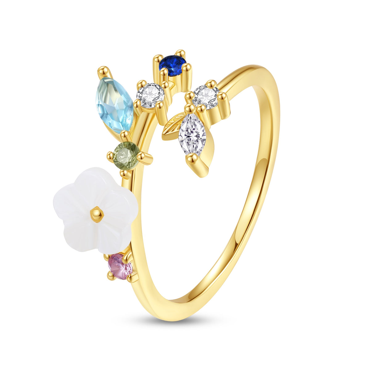 Everbloom: anillo floral de cristal con nácar, latón bañado en oro de 18K y rodio