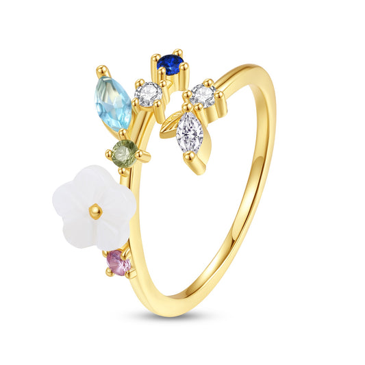 Everbloom — crystal floral ring with mother of pearl, 18K gold & rhodium plated brass
