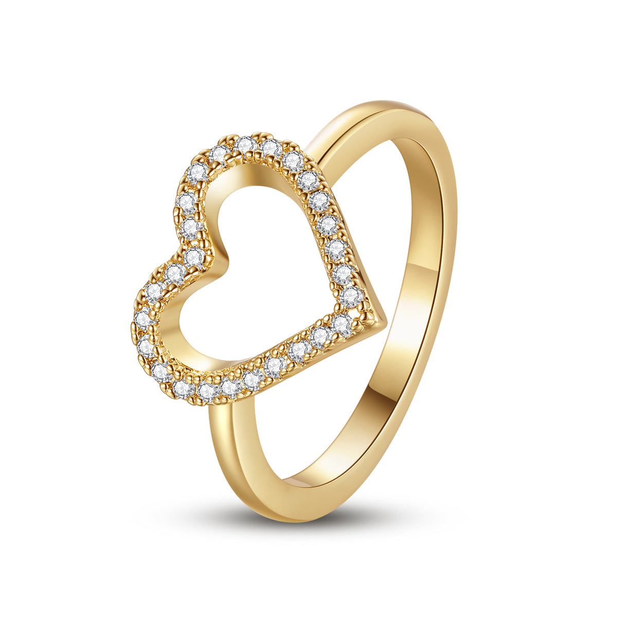 Devoción sin límites: anillo de corazón abierto con circonitas, latón bañado en oro y rodio