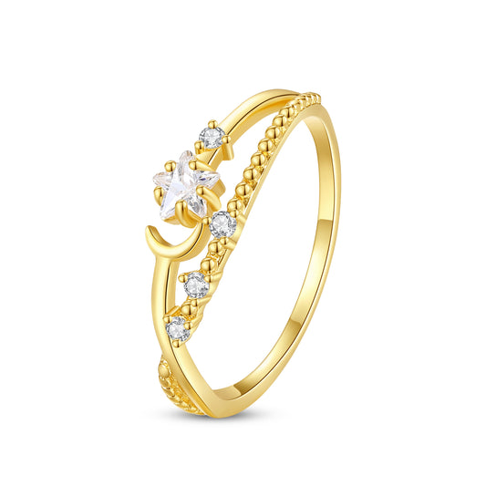 Lunar Reverie — moon & star CZ ring, gold & rhodium plated brass