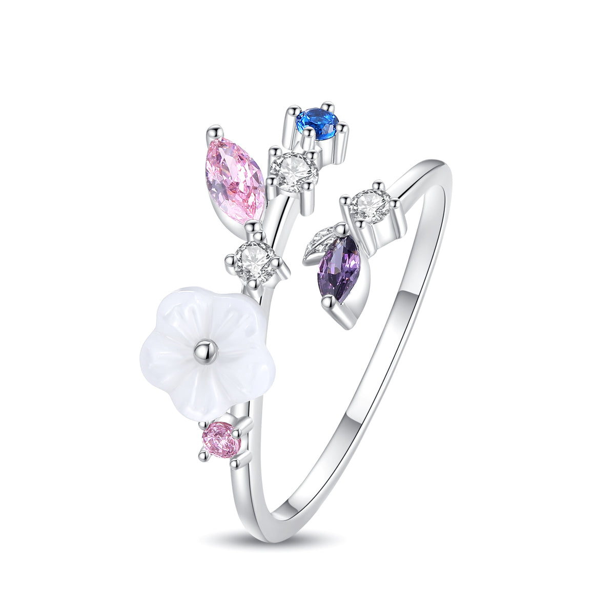 Everbloom: anillo floral de cristal con nácar, latón bañado en oro de 18K y rodio