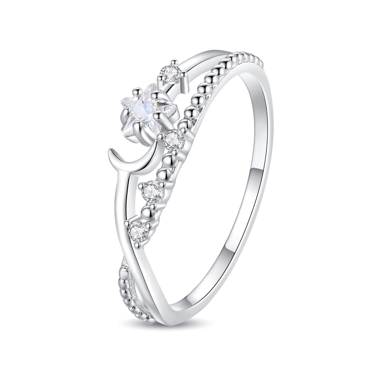 Ensueño Lunar: anillo de circonita cúbica con estrellas y luna, latón bañado en oro y rodio