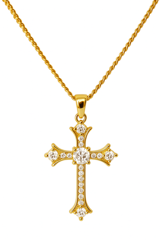 Gothic Gold Cross Necklace with CZ Stones | 18K Gold Plated