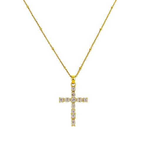 Gold Plated Cross Pendant Necklace with Marquise & Round Cut Cubic Zirconia