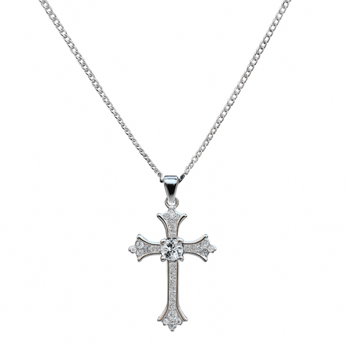 Silver Gothic Cross Necklace with CZ Stones | Unisex Pendant