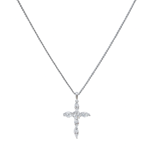 Silver Tone Cross Pendant Necklace with Marquise & Round Cubic Zirconia