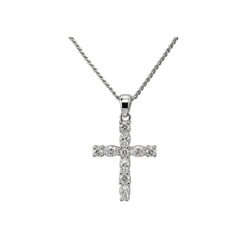 Silver Cross Pendant Necklace with Marquise & Round Cut Cubic Zirconia