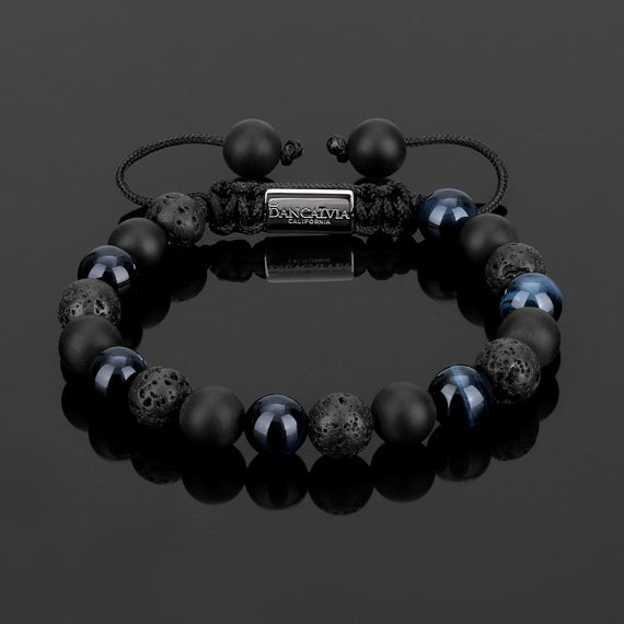 Natural Black Lava Stone & Blue Tiger Eye Beads Bracelet