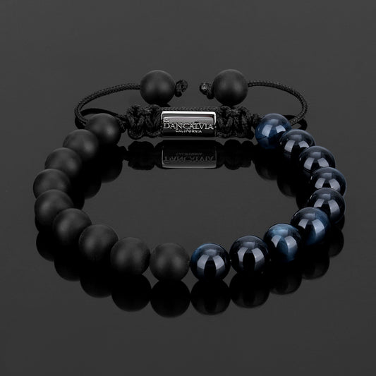 Tide's Sentinel — blue tiger's eye & black onyx beaded bracelet