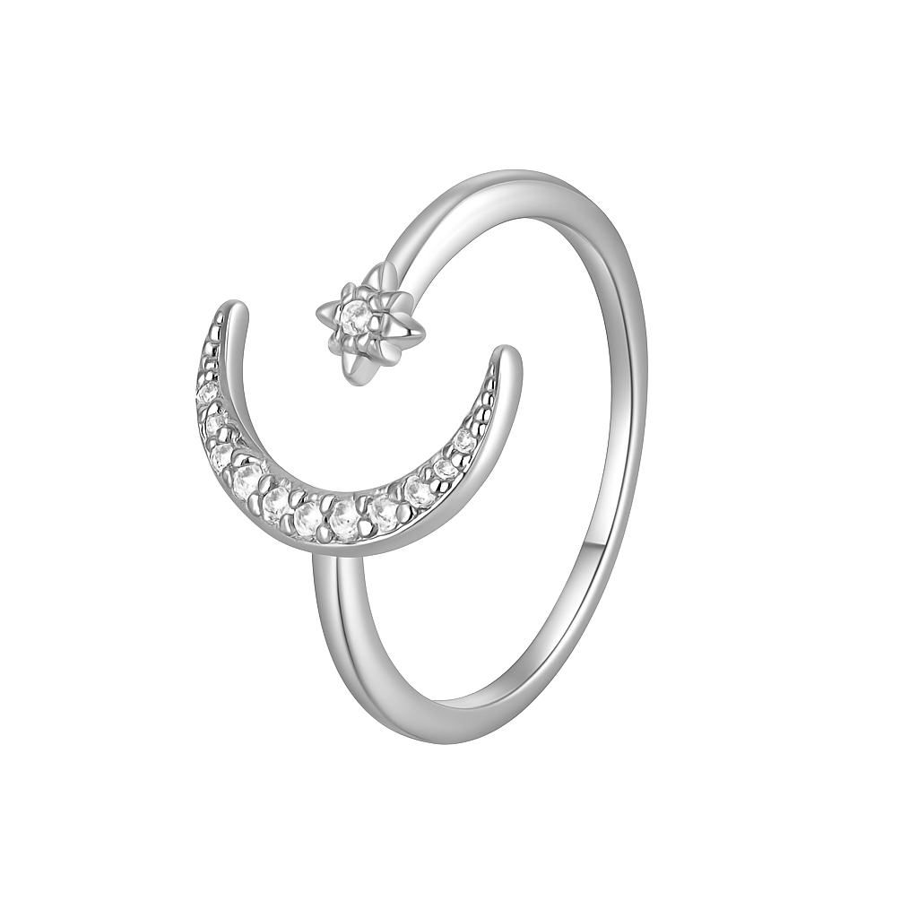 Starlit Vow — anillo de luna y estrella, latón bañado en rodio