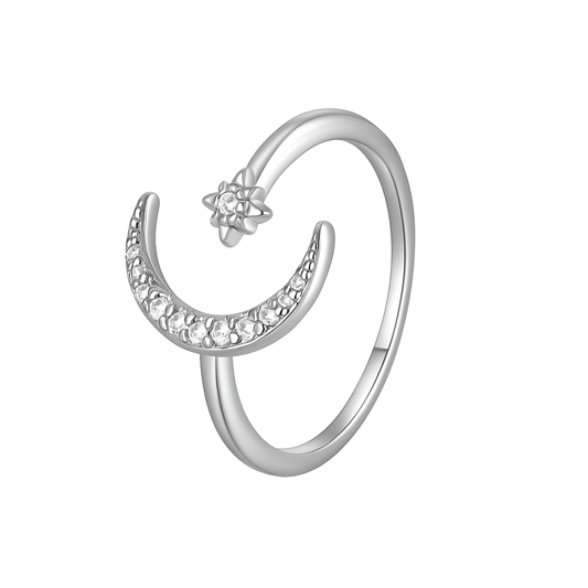 Starlit Vow — moon & star ring, rhodium plated brass